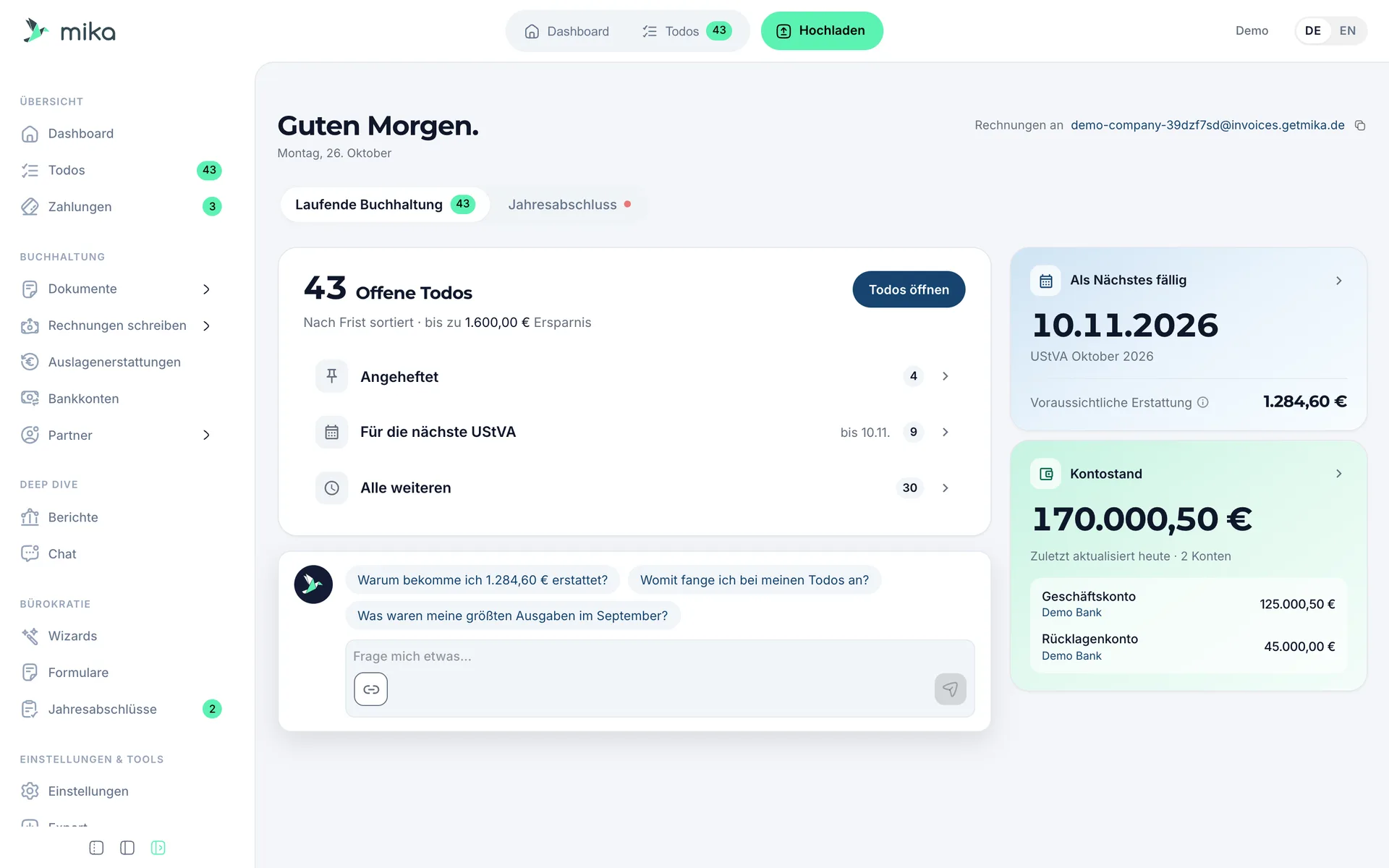mika-Dashboard mit Onboarding-Fortschritt, offenen Todos, UStVA-Termin und Kontostand
