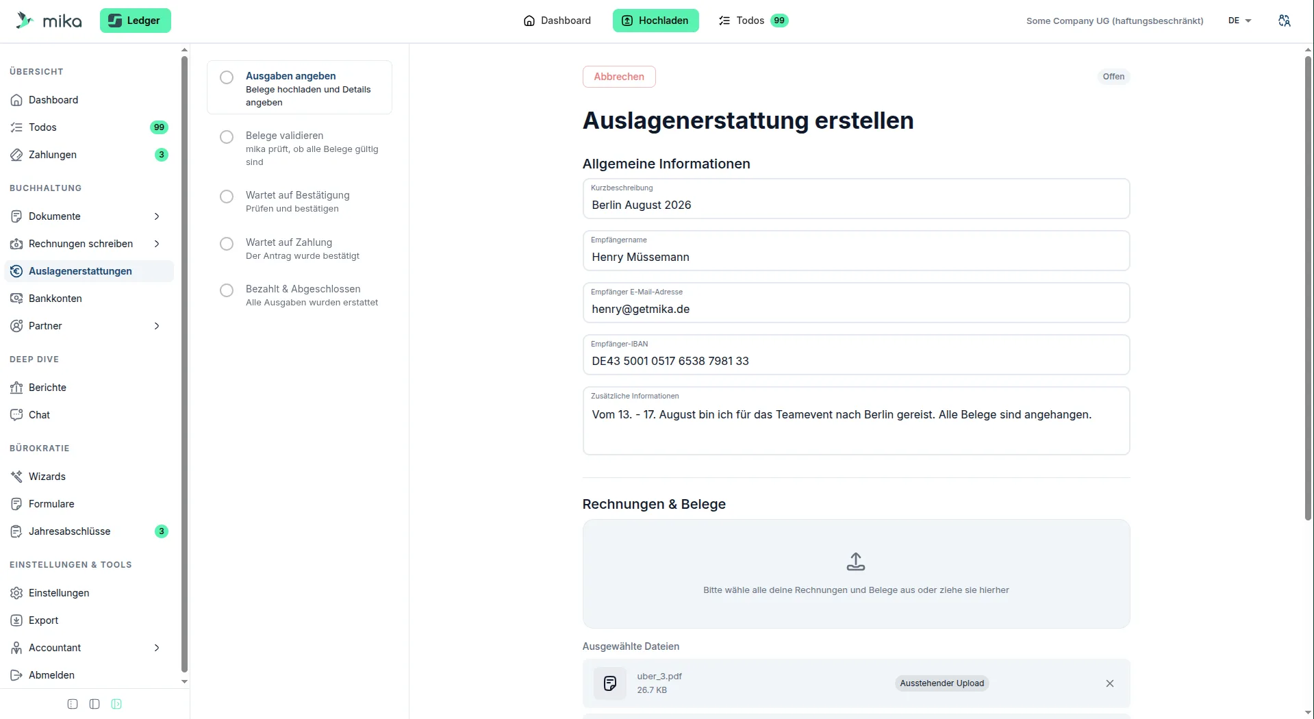 Formular für eine Auslagenerstattung in mika mit Empfänger, IBAN und hochgeladenem Beleg