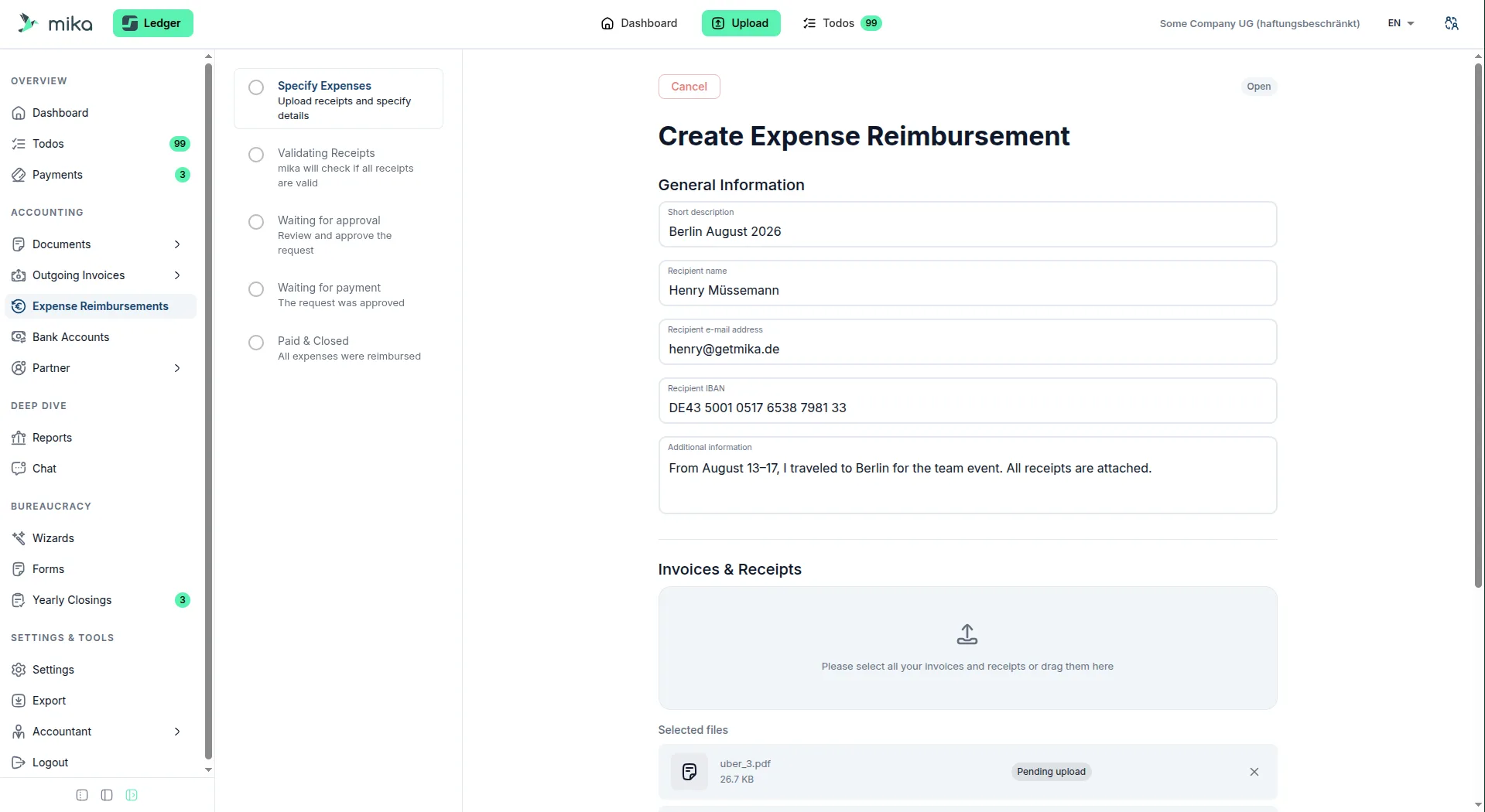 Expense reimbursement form in mika