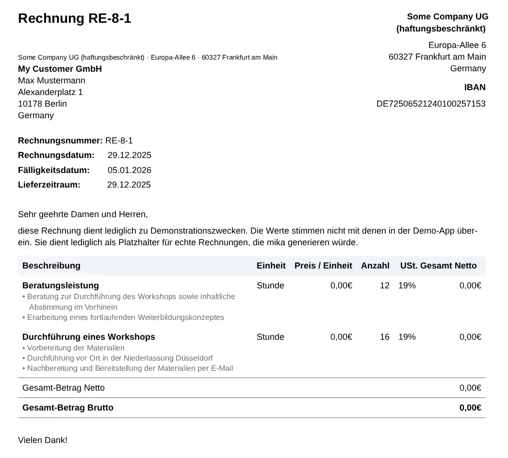 Eine mit mika erstellte E-Rechnung